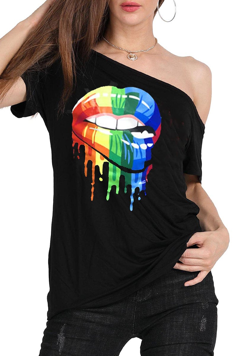 MAGICMK Womenâ€™s Short Lips Print Causal Off The Shoulder Plus Size T-Shirt Tops (Black+XXMOUTH, S) - Image 4